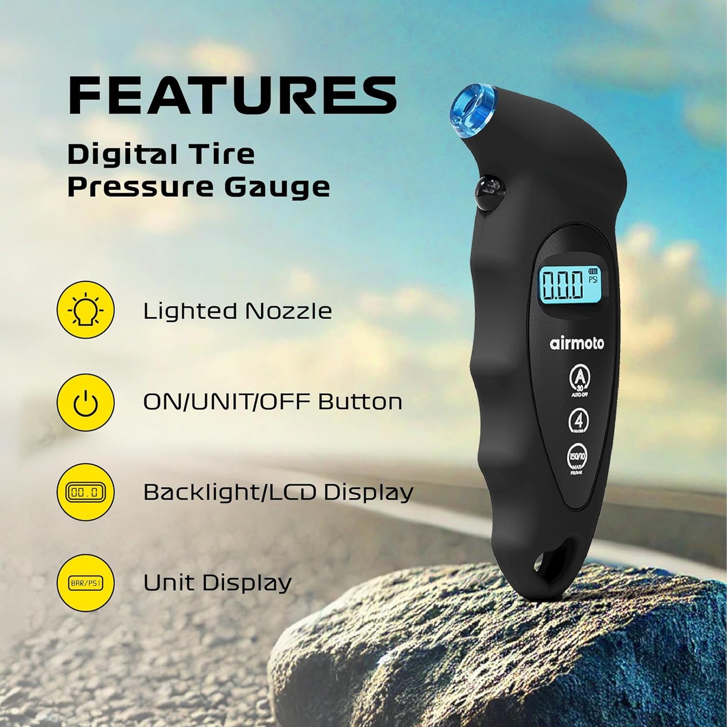 Airmoto Digital Tire Pressure Gauge 0-150PSI (Accurate in 0.1 Increments)